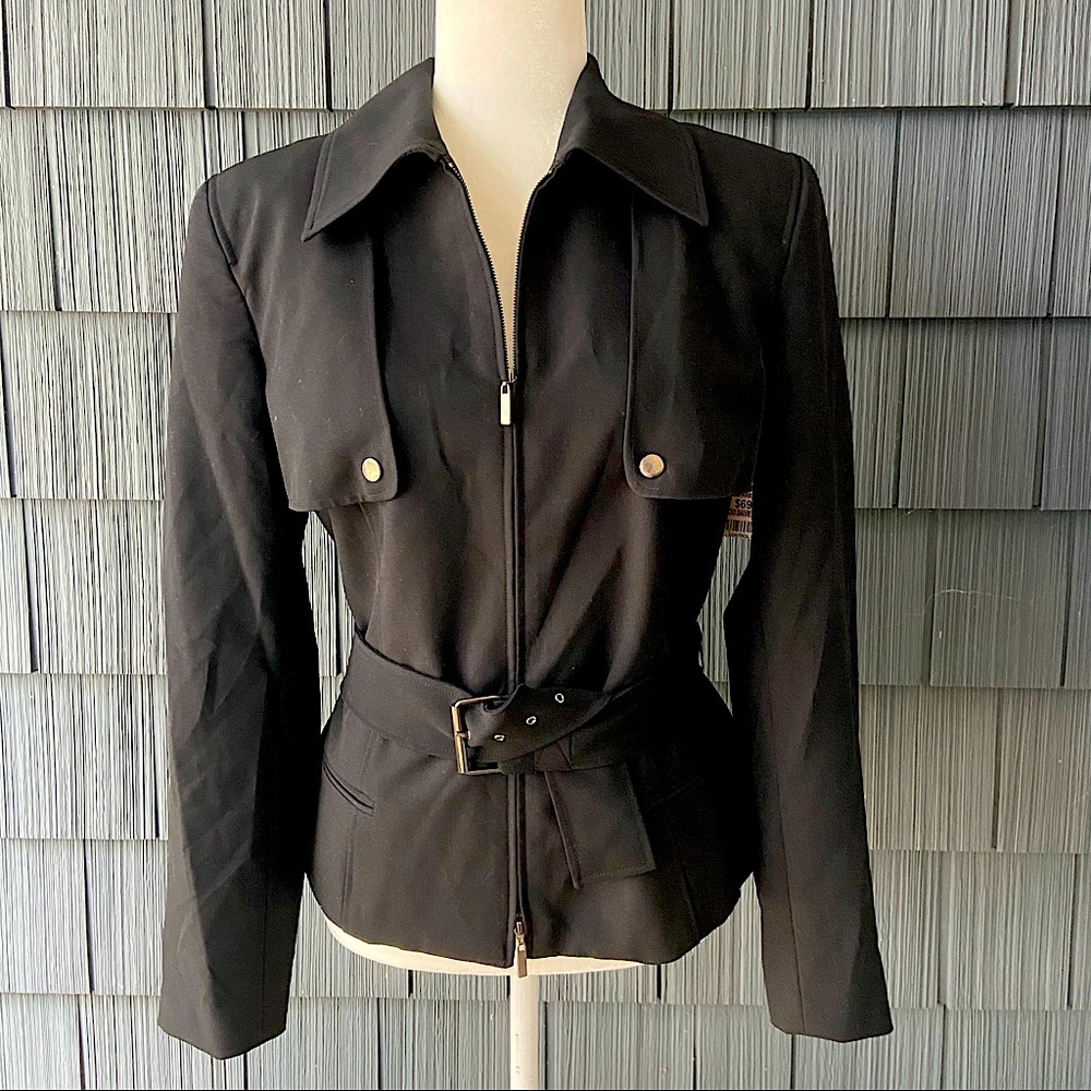 Vintage Perry Ellis Black Womens Belted Double Zipper Lined Trench Jacket sz 12